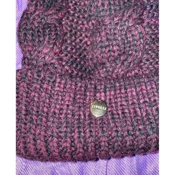 Express women’s beanie one size purple burgundy PomPom winter knit hat crochet - Picture 2 of 4